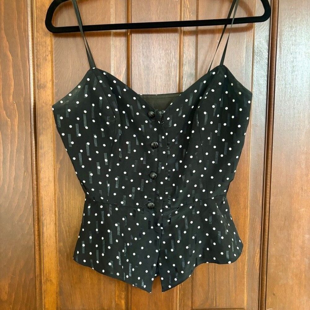 Vintage Black Polka Dot Peplum Cami Button Front Jacquard Spaghetti Strap 80/90s